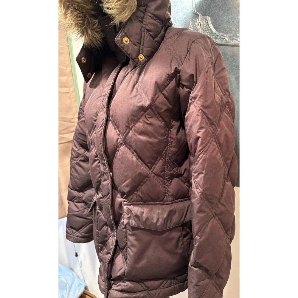 Lands' End Brown Goose Down Diamond Quilted Faux Fur Hood Puffer Jacket M 10-12